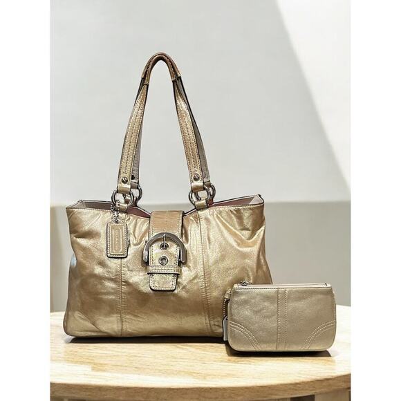 Coach F18751 Metallic Gold Soho Buckle Leather Carryall Bag & Soho Wristlet